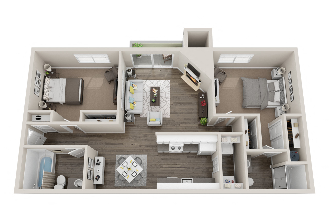 Floor plan for 2 beds, 2 baths, 912 sqft